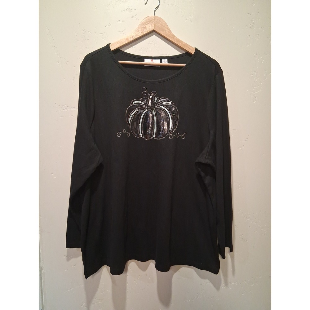 Quacker Factory Autumn Tee Size 2X Black Silver Sequin Pumpkin Long Sleeve